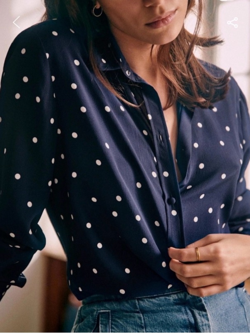 Sézane Ann Navy Polka Dot Button-Up 100% Silk French Casual Blouse - Picture 3 of 10